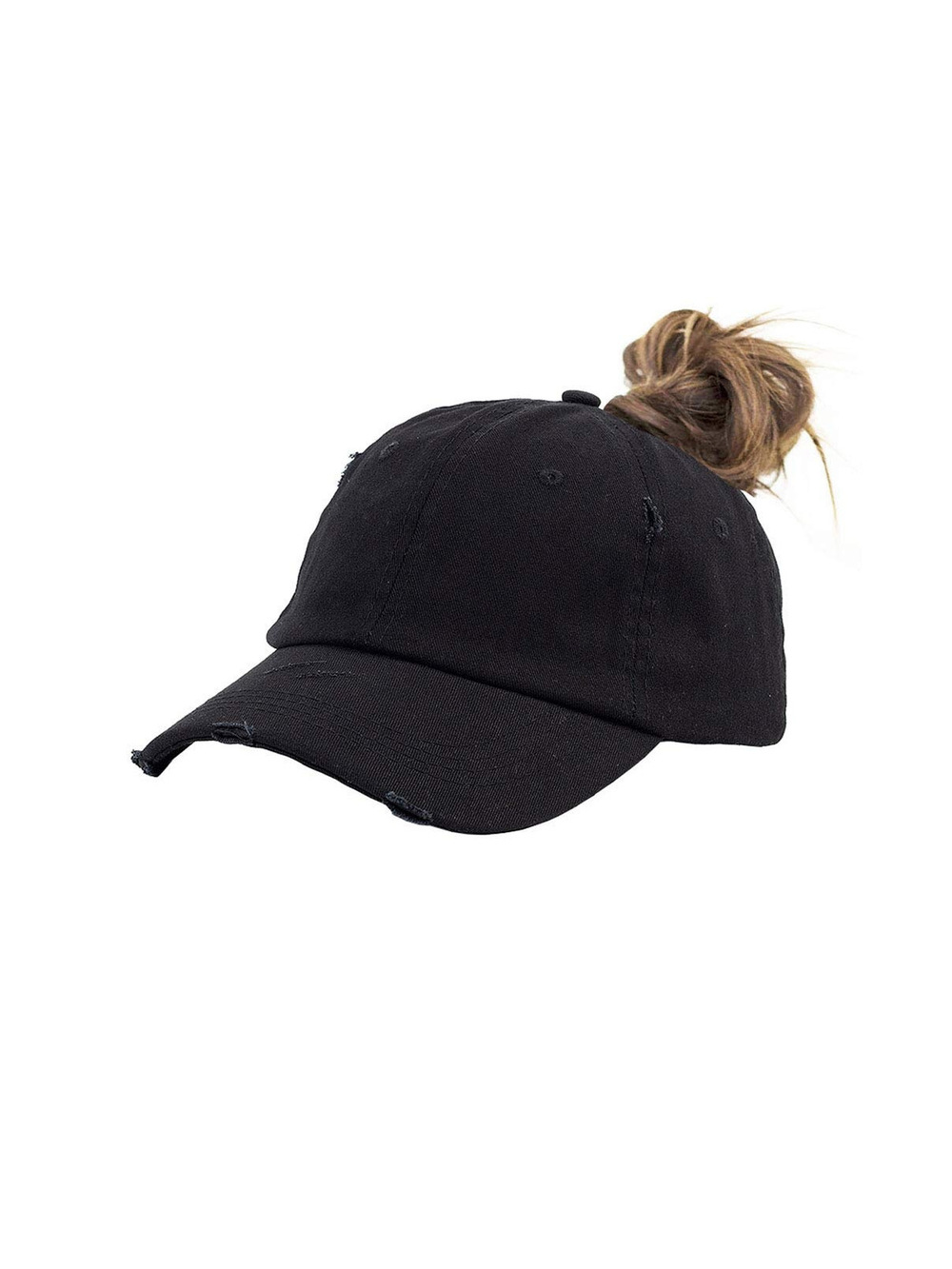 Ponytail Baseball Hat Distressed Retro Washed Womens Twill | All Black | Size M